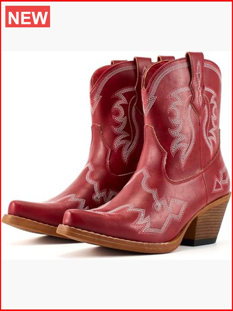 Women's Western Embroidered Ankle Boots With Snip Toe & Chunky Heel